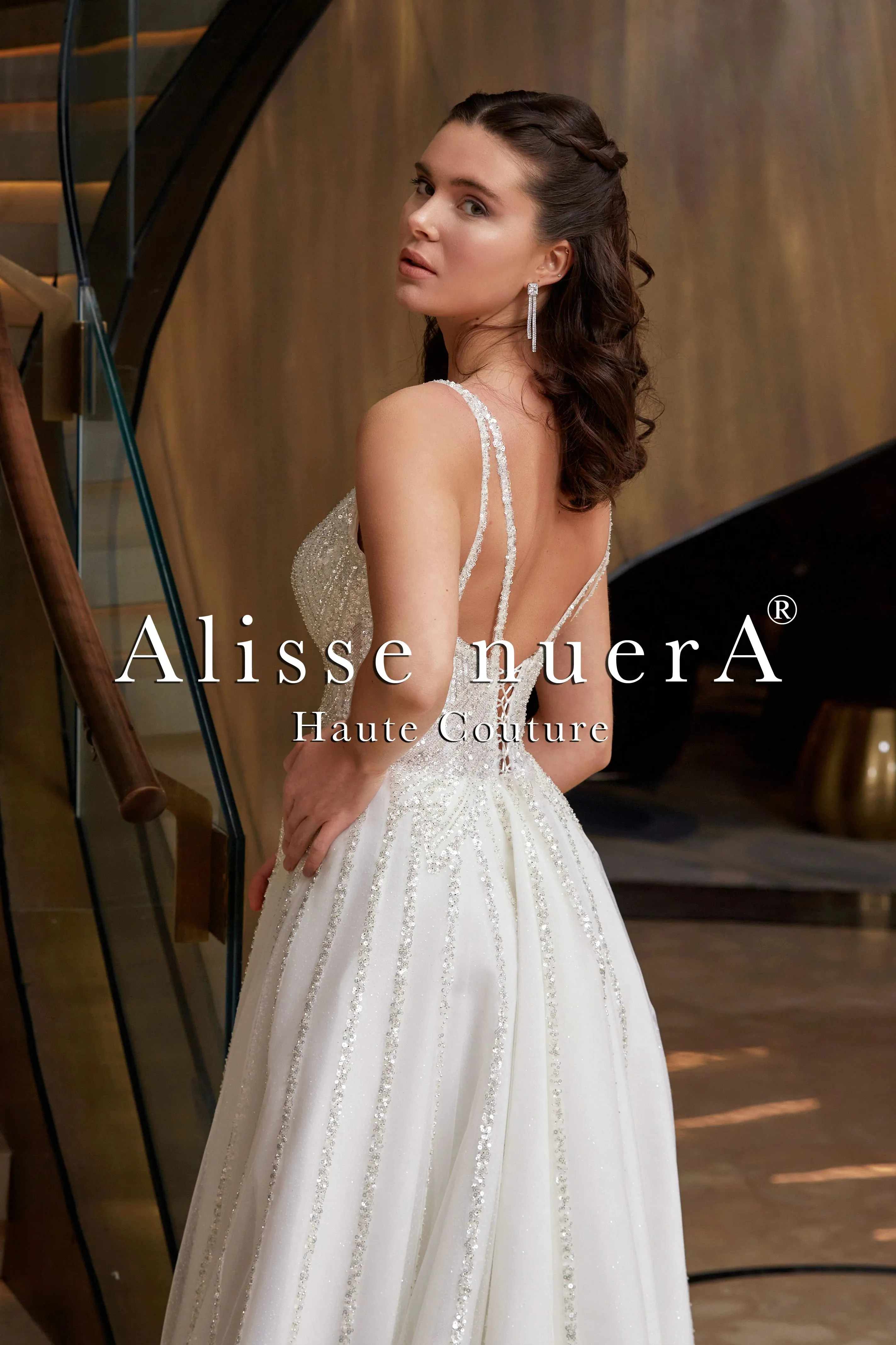 Criss Cross Strap Silver Sequin Embellished A Line Wedding Dress with One Side Split Skirt