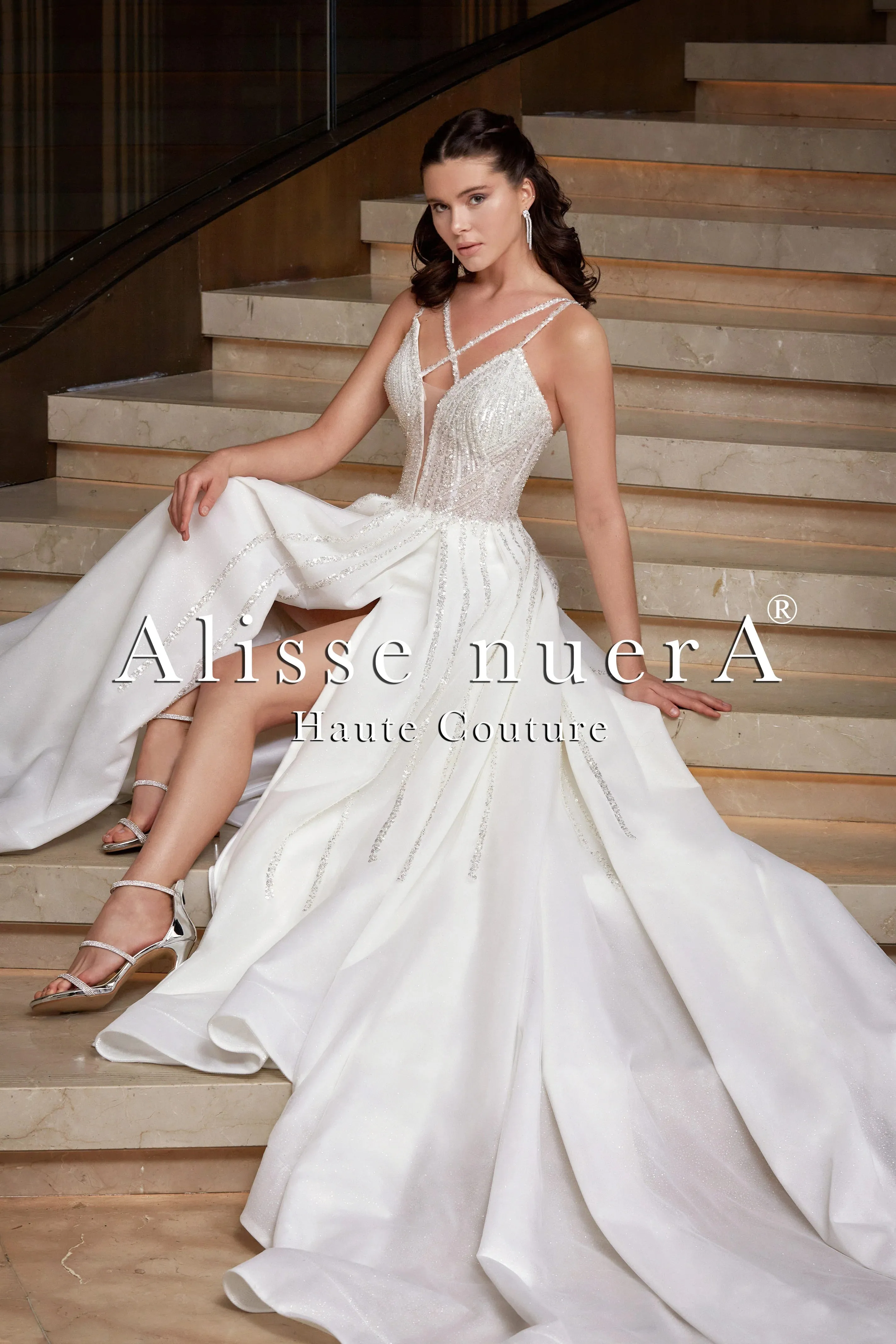 Criss Cross Strap Silver Sequin Embellished A Line Wedding Dress with One Side Split Skirt
