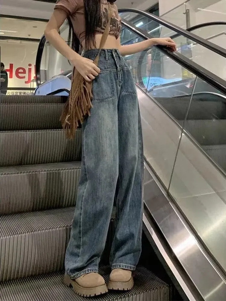 deanwangkt Retro Blue Distressed Korean Version High-waisted High-straight Design Loose Jeans