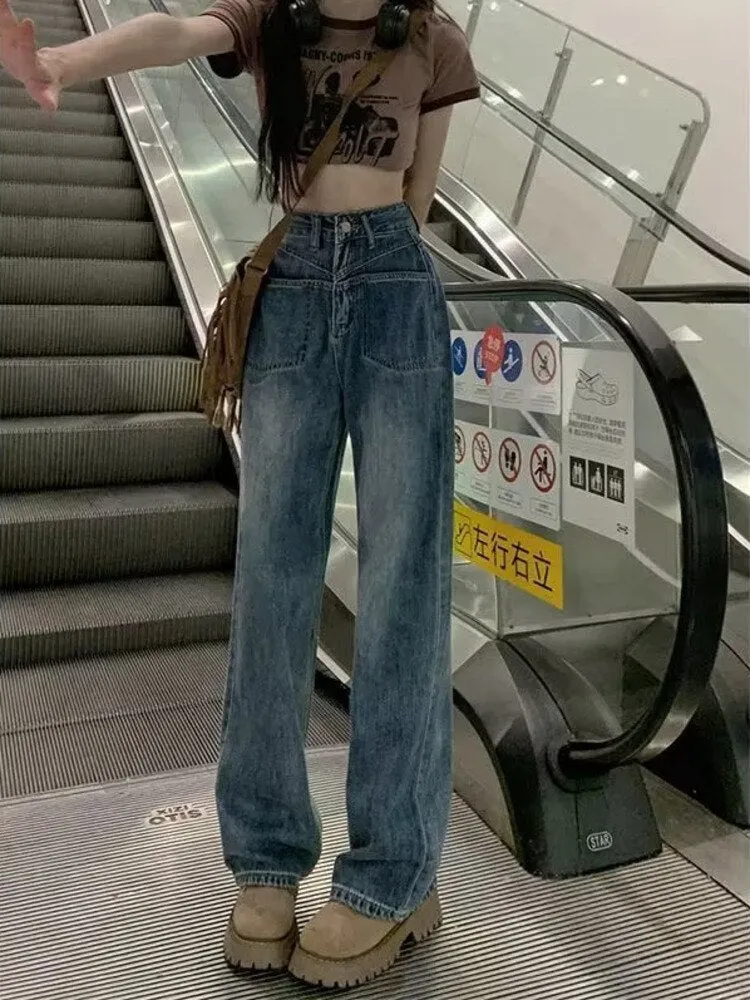 deanwangkt Retro Blue Distressed Korean Version High-waisted High-straight Design Loose Jeans