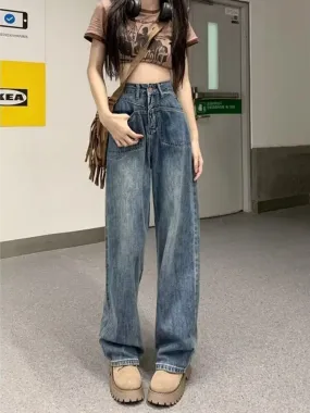 deanwangkt Retro Blue Distressed Korean Version High-waisted High-straight Design Loose Jeans