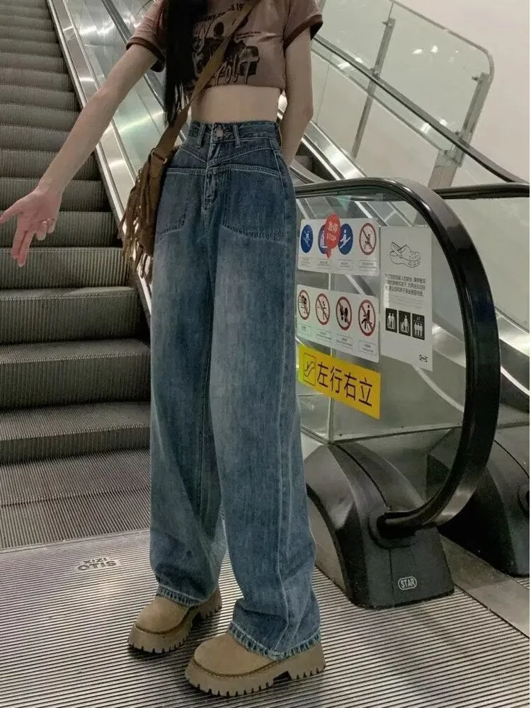 deanwangkt Retro Blue Distressed Korean Version High-waisted High-straight Design Loose Jeans