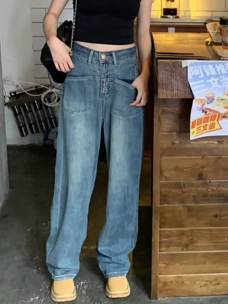 deanwangkt Retro Blue Distressed Korean Version High-waisted High-straight Design Loose Jeans