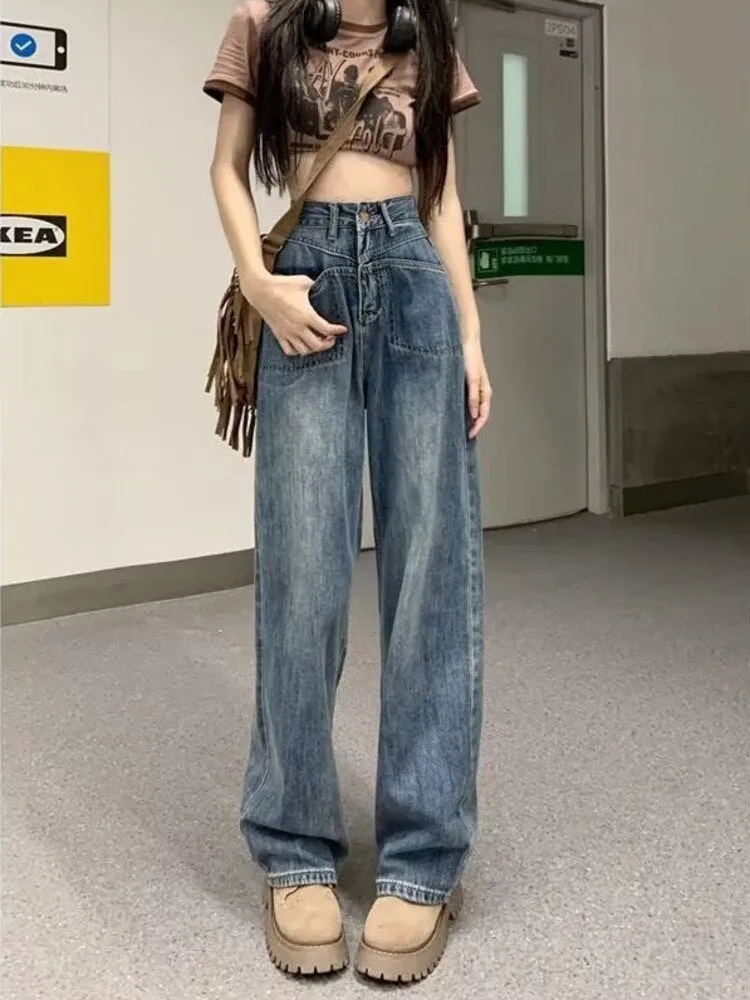 deanwangkt Retro Blue Distressed Korean Version High-waisted High-straight Design Loose Jeans