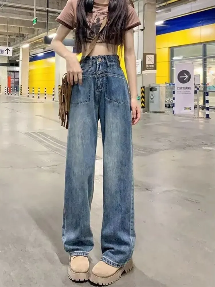 deanwangkt Retro Blue Distressed Korean Version High-waisted High-straight Design Loose Jeans