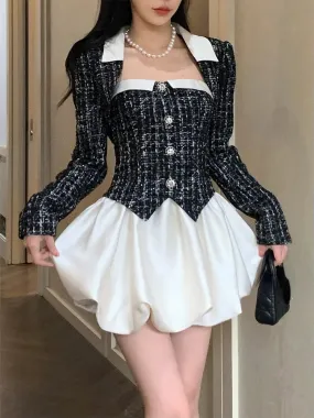 Elegant 2 Piece Dress Set Woman Black Crop Tops   Slim Sleeveless Y2k Mini Dress Corest Corset Korean Fashion Suit Autumn