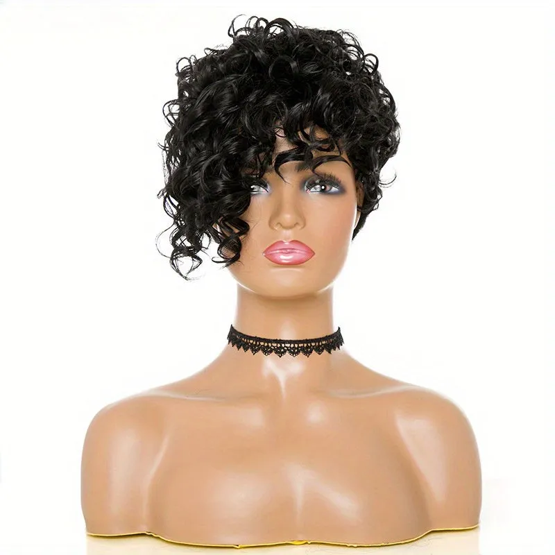 Elegant Afro Curly Short Wig For Women - Kinky Curly Synthetic High Temperature Fiber, Natural Color With Rose Net Cap, Versatile Style