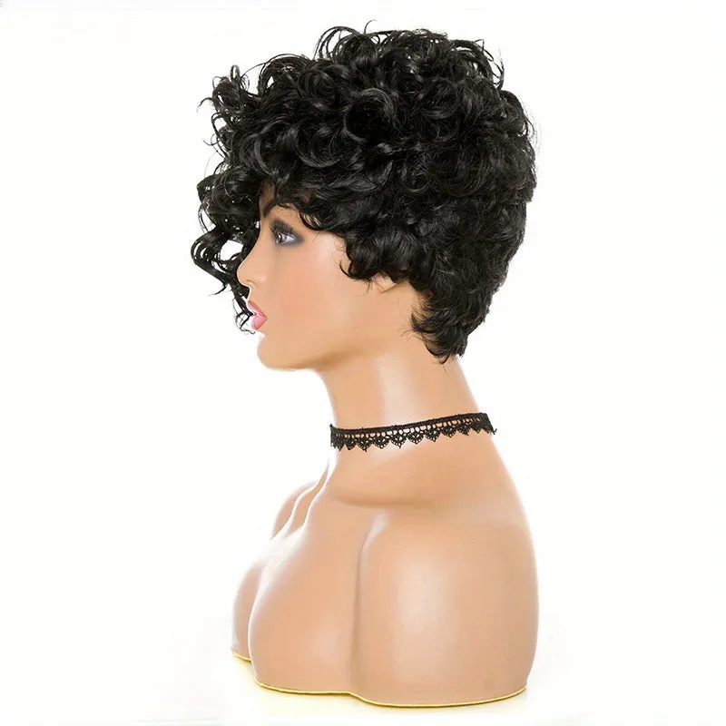 Elegant Afro Curly Short Wig For Women - Kinky Curly Synthetic High Temperature Fiber, Natural Color With Rose Net Cap, Versatile Style