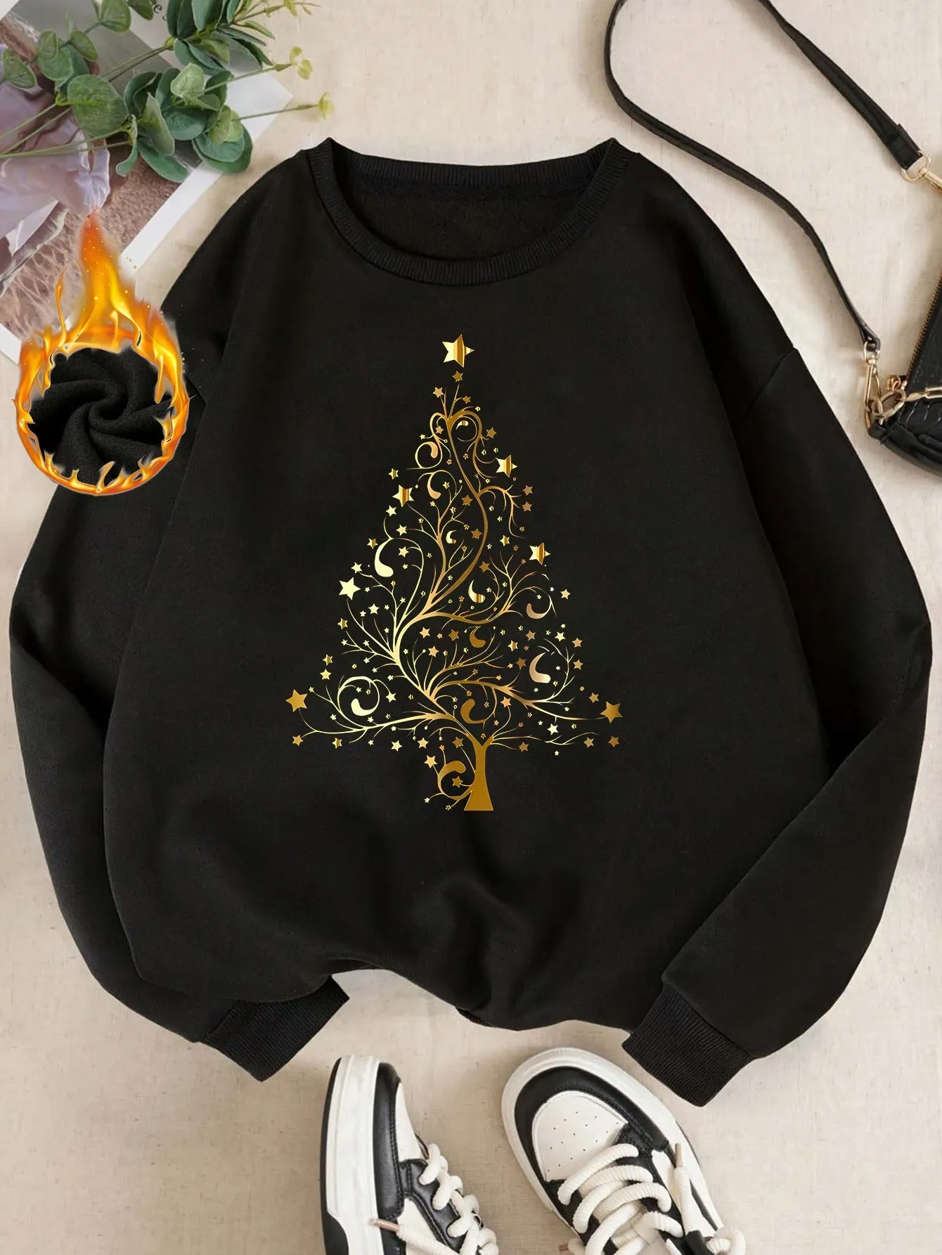 Elegant Christmas Tree & Star Pattern Women's Sweatshirt - Cozy Fleece-Lined Long Sleeve Crew Neck Pullover, Machine Washable