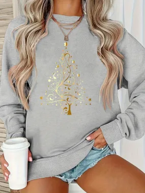 Elegant Christmas Tree & Star Pattern Women's Sweatshirt - Cozy Fleece-Lined Long Sleeve Crew Neck Pullover, Machine Washable
