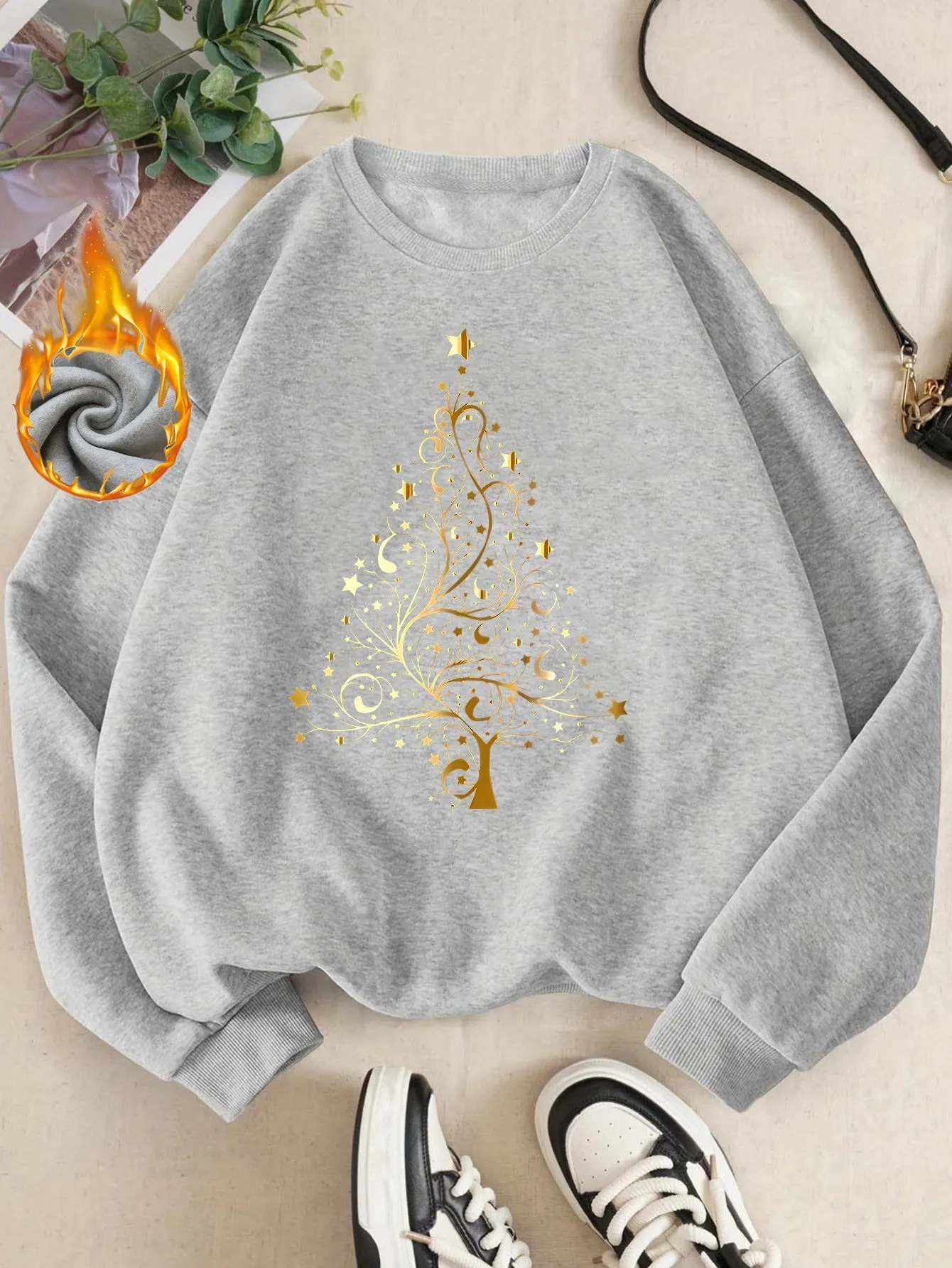 Elegant Christmas Tree & Star Pattern Women's Sweatshirt - Cozy Fleece-Lined Long Sleeve Crew Neck Pullover, Machine Washable