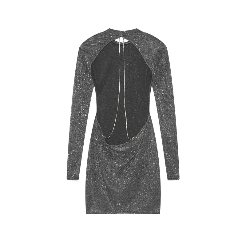 European and American Style Backless Chain Round Neck Long Sleeved Wrap Buttocks TightShortSkirtRetroNostalgic French Dress