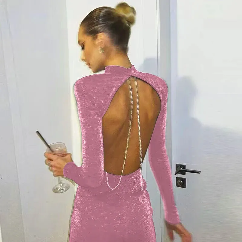 European and American Style Backless Chain Round Neck Long Sleeved Wrap Buttocks TightShortSkirtRetroNostalgic French Dress