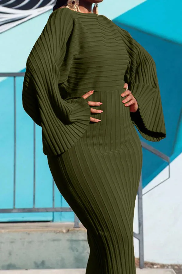 European And American Winter Long Sleeve Solid Color Rib Fabric Sheath Dress