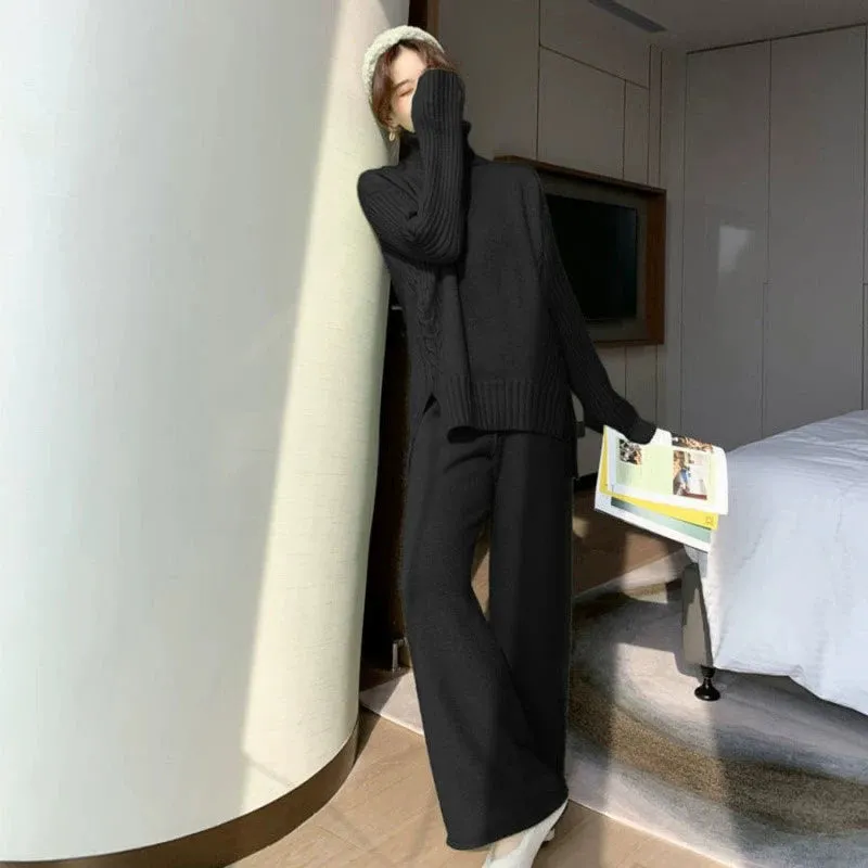 First-Line Brand Label Cut Women's Clothes Export Big Brand Discount Fall and Winter Loose Turtleneck Sweater Loose Pants Two-piece Set Women