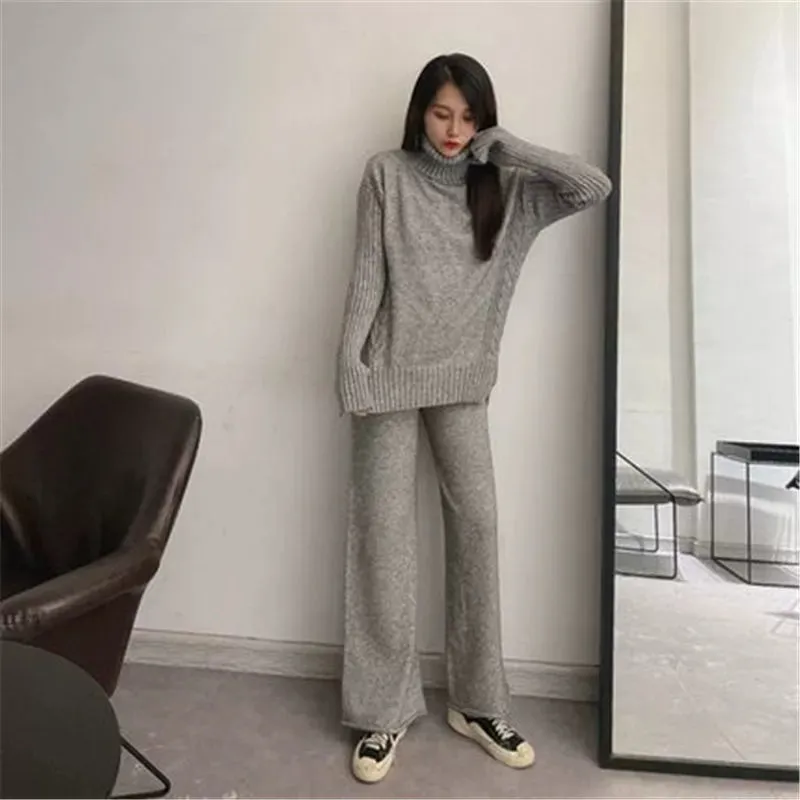 First-Line Brand Label Cut Women's Clothes Export Big Brand Discount Fall and Winter Loose Turtleneck Sweater Loose Pants Two-piece Set Women