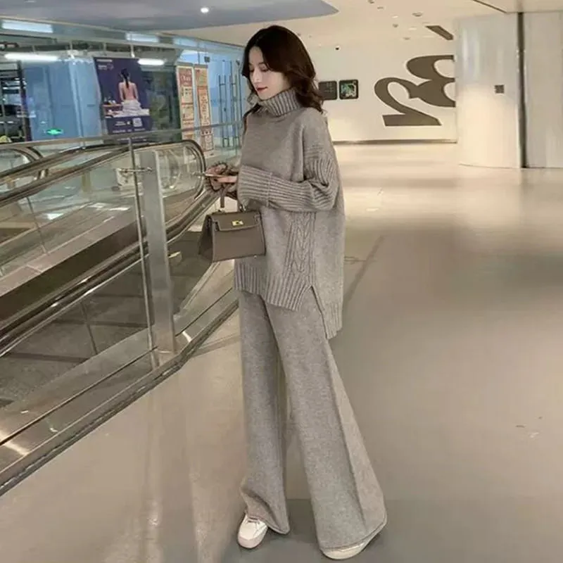 First-Line Brand Label Cut Women's Clothes Export Big Brand Discount Fall and Winter Loose Turtleneck Sweater Loose Pants Two-piece Set Women