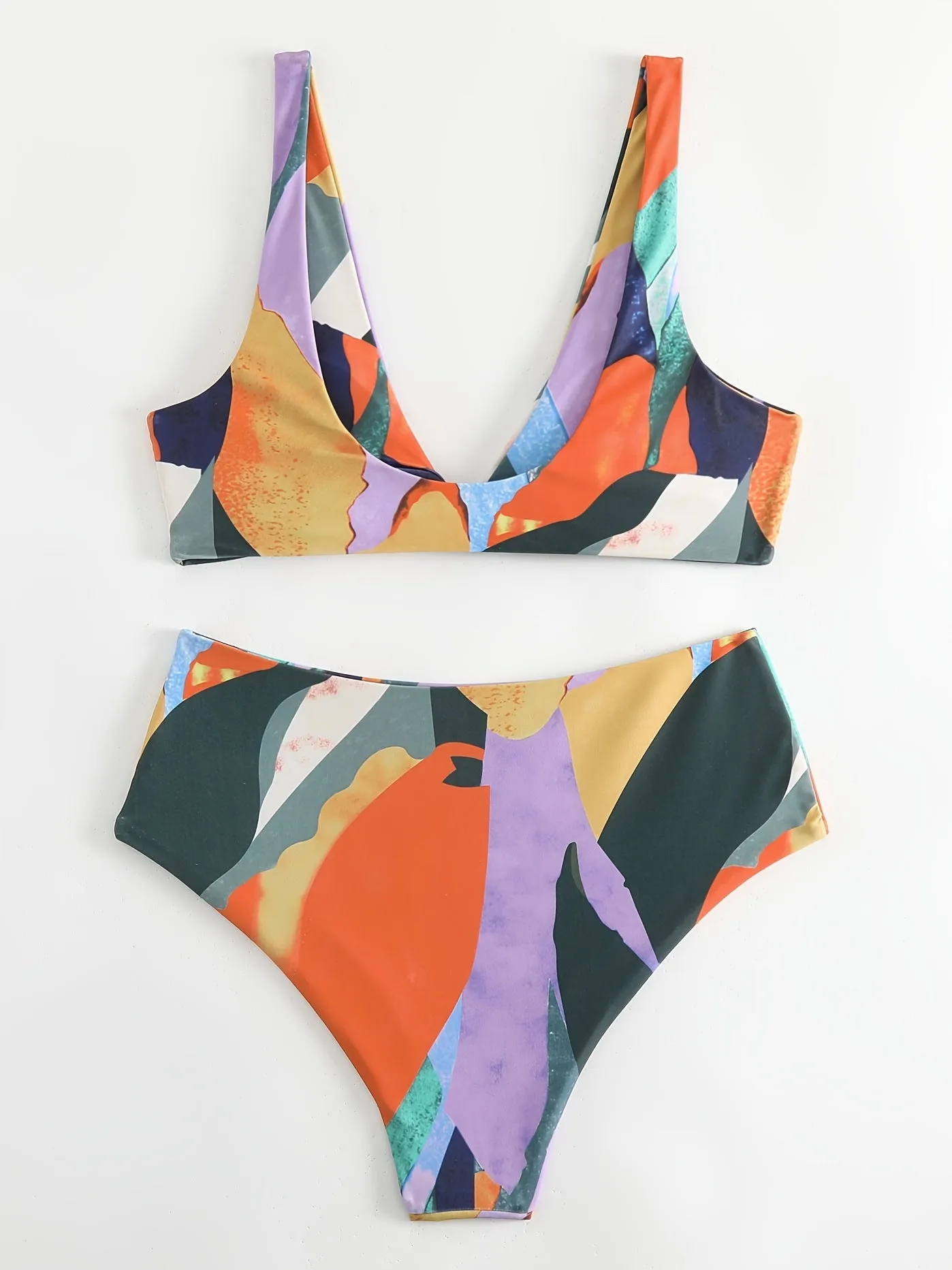 Flattering Colorblock V-Neck Bikini Set - Adjustable Tie Front, High Waist & High Cut Swimsuit - Ultra-Stretch, Two Pieces Beachwear for Women