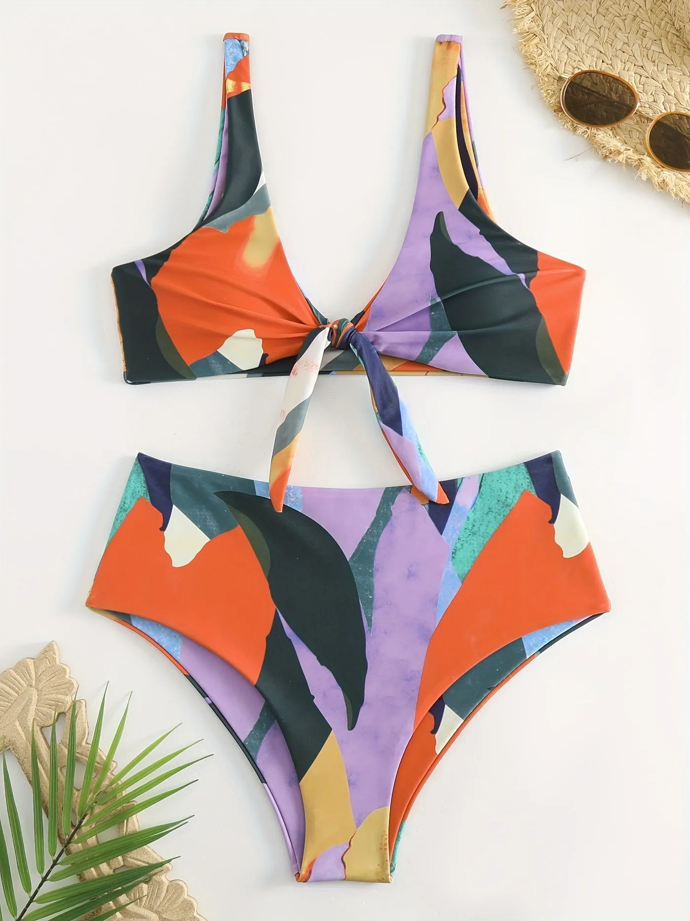 Flattering Colorblock V-Neck Bikini Set - Adjustable Tie Front, High Waist & High Cut Swimsuit - Ultra-Stretch, Two Pieces Beachwear for Women