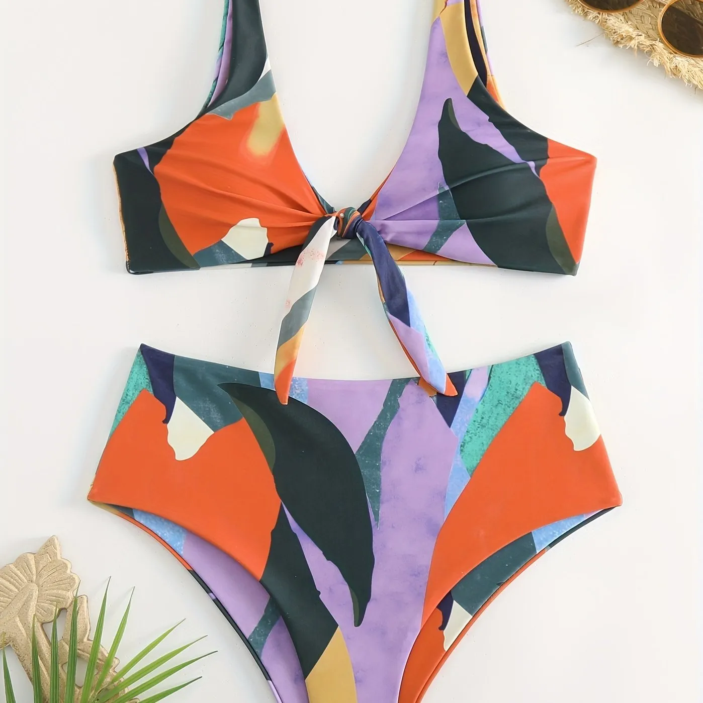 Flattering Colorblock V-Neck Bikini Set - Adjustable Tie Front, High Waist & High Cut Swimsuit - Ultra-Stretch, Two Pieces Beachwear for Women
