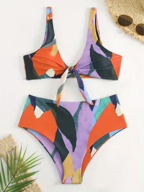 Flattering Colorblock V-Neck Bikini Set - Adjustable Tie Front, High Waist & High Cut Swimsuit - Ultra-Stretch, Two Pieces Beachwear for Women