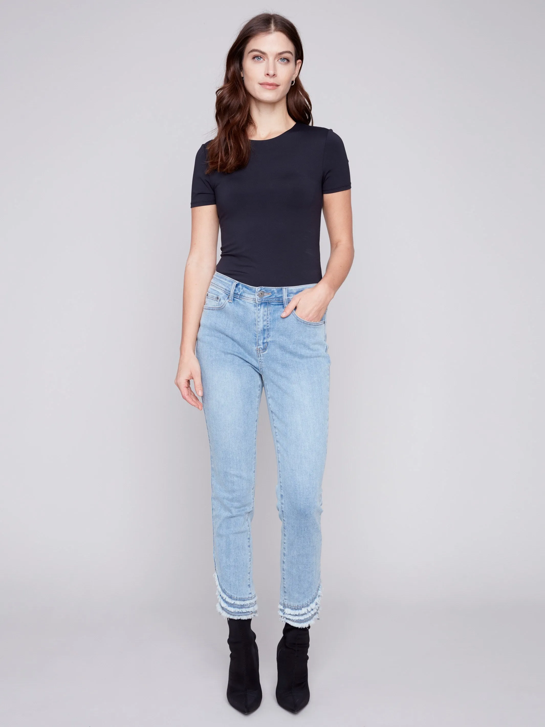 Frayed Hem Denim Pants - Light Blue