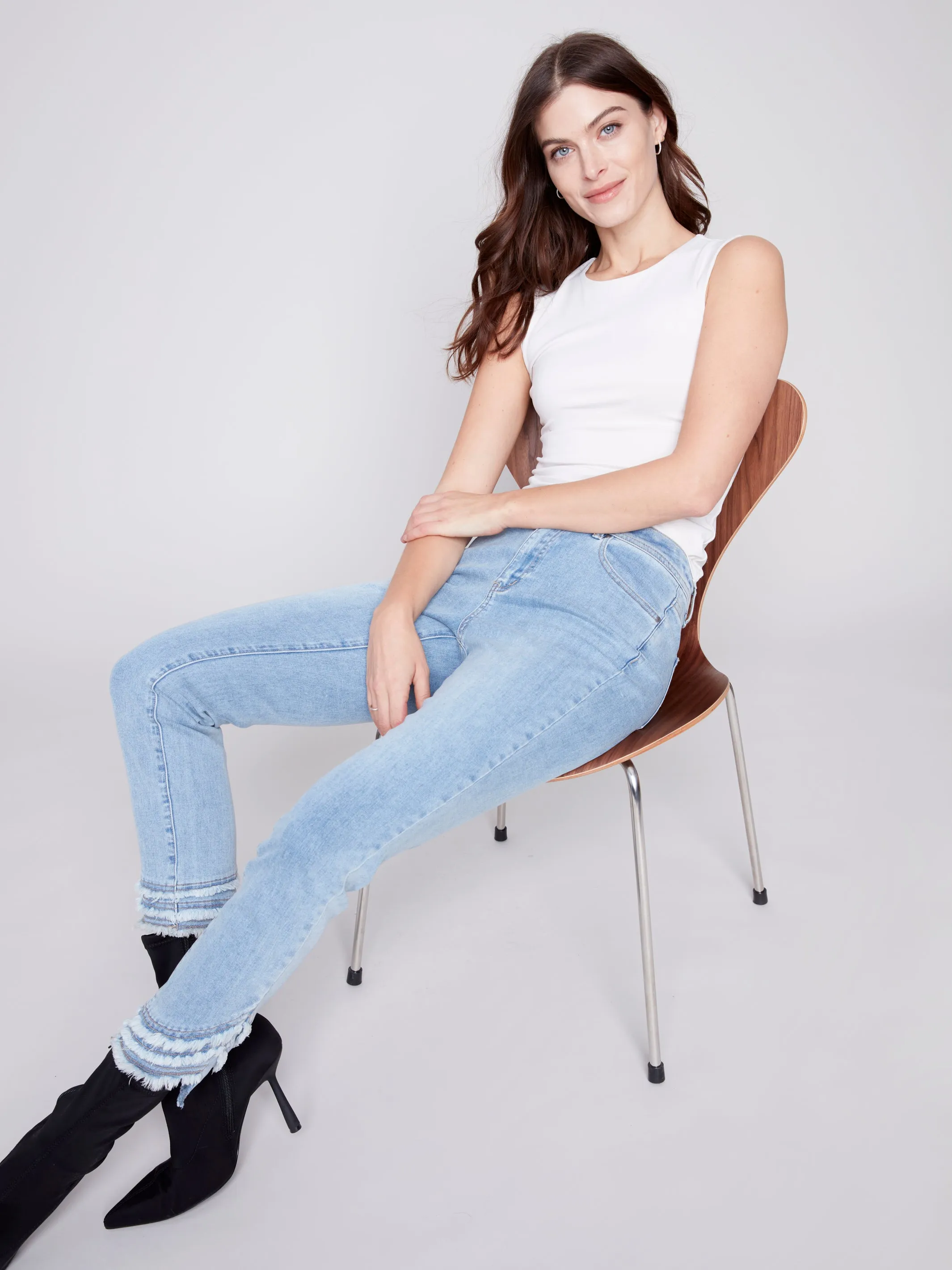 Frayed Hem Denim Pants - Light Blue