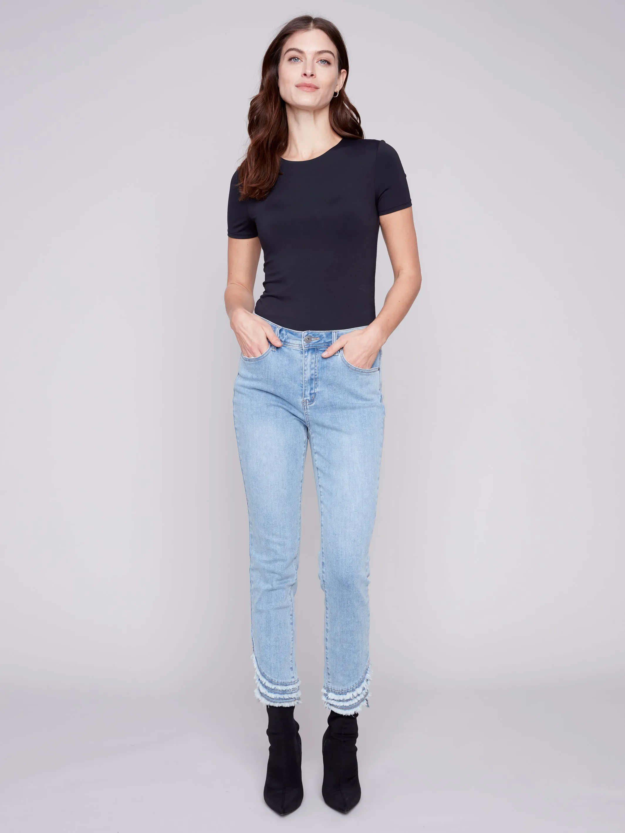 Frayed Hem Denim Pants - Light Blue