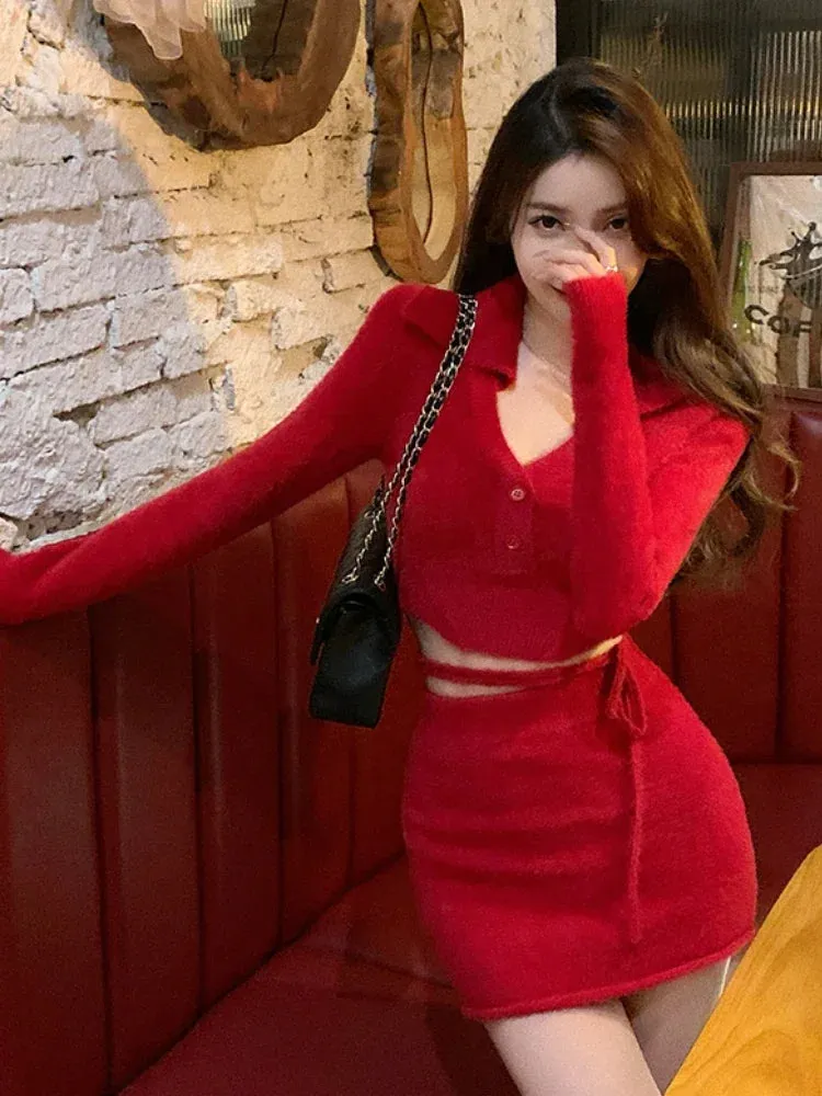 Girlary Christmas Red Knitted Two Piece Set Women Korean Fashion Party Sweater Skirt Suit Female Warm Bandage Sexy Slim Mini Skirt Set