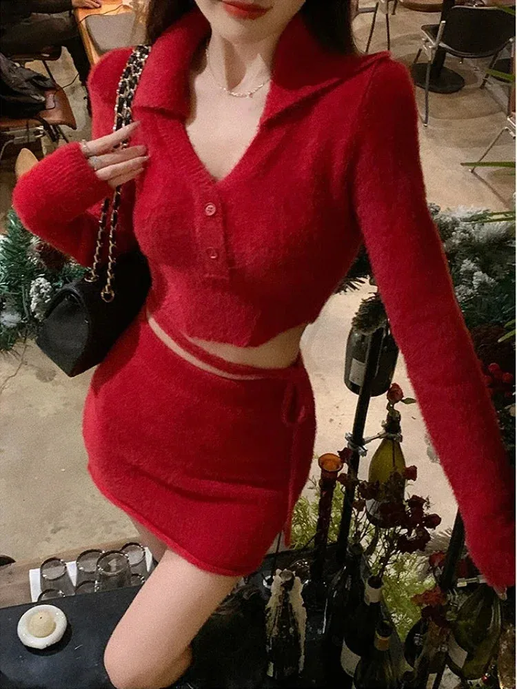 Girlary Christmas Red Knitted Two Piece Set Women Korean Fashion Party Sweater Skirt Suit Female Warm Bandage Sexy Slim Mini Skirt Set