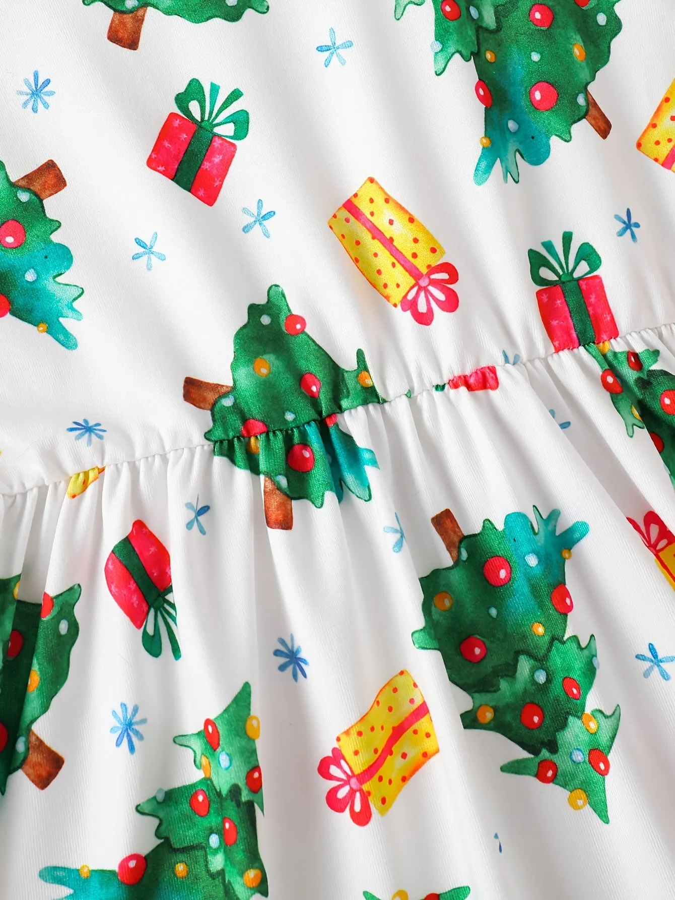 Girls' Christmas Santa Print Long Sleeve Dress, Cute Polyester Fabric, Stretchy, Christmas Pattern, A-Line, Ruffle Detail, Spring/Autumn Season, Children'S Fashion Dress