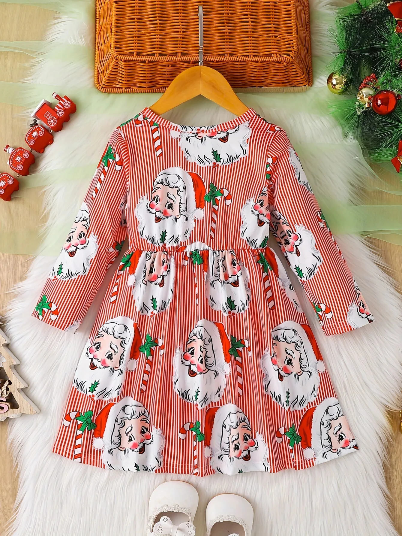 Girls' Christmas Santa Print Long Sleeve Dress, Cute Polyester Fabric, Stretchy, Christmas Pattern, A-Line, Ruffle Detail, Spring/Autumn Season, Children'S Fashion Dress
