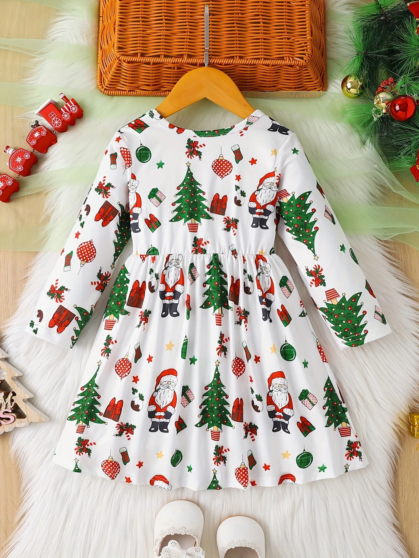 Girls' Christmas Santa Print Long Sleeve Dress, Cute Polyester Fabric, Stretchy, Christmas Pattern, A-Line, Ruffle Detail, Spring/Autumn Season, Children'S Fashion Dress
