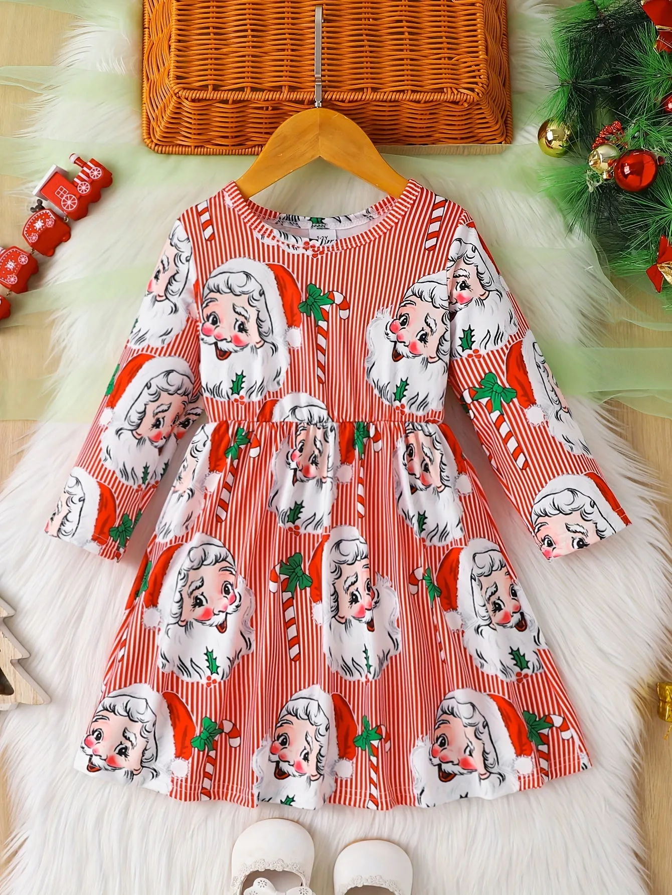 Girls' Christmas Santa Print Long Sleeve Dress, Cute Polyester Fabric, Stretchy, Christmas Pattern, A-Line, Ruffle Detail, Spring/Autumn Season, Children'S Fashion Dress