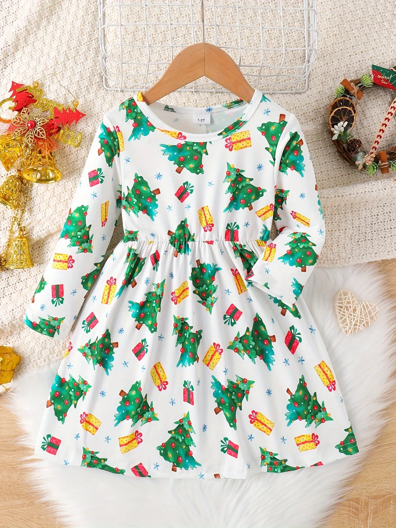 Girls' Christmas Santa Print Long Sleeve Dress, Cute Polyester Fabric, Stretchy, Christmas Pattern, A-Line, Ruffle Detail, Spring/Autumn Season, Children'S Fashion Dress