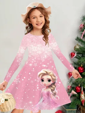 Girls' Long Sleeve Christmas Dress, 3D Princess Print, Knit Fabric, Polyester, Regular Fit, Casual Style, Autumn/Winter, Stretchy, Cartoon Pattern, Kids Fashion