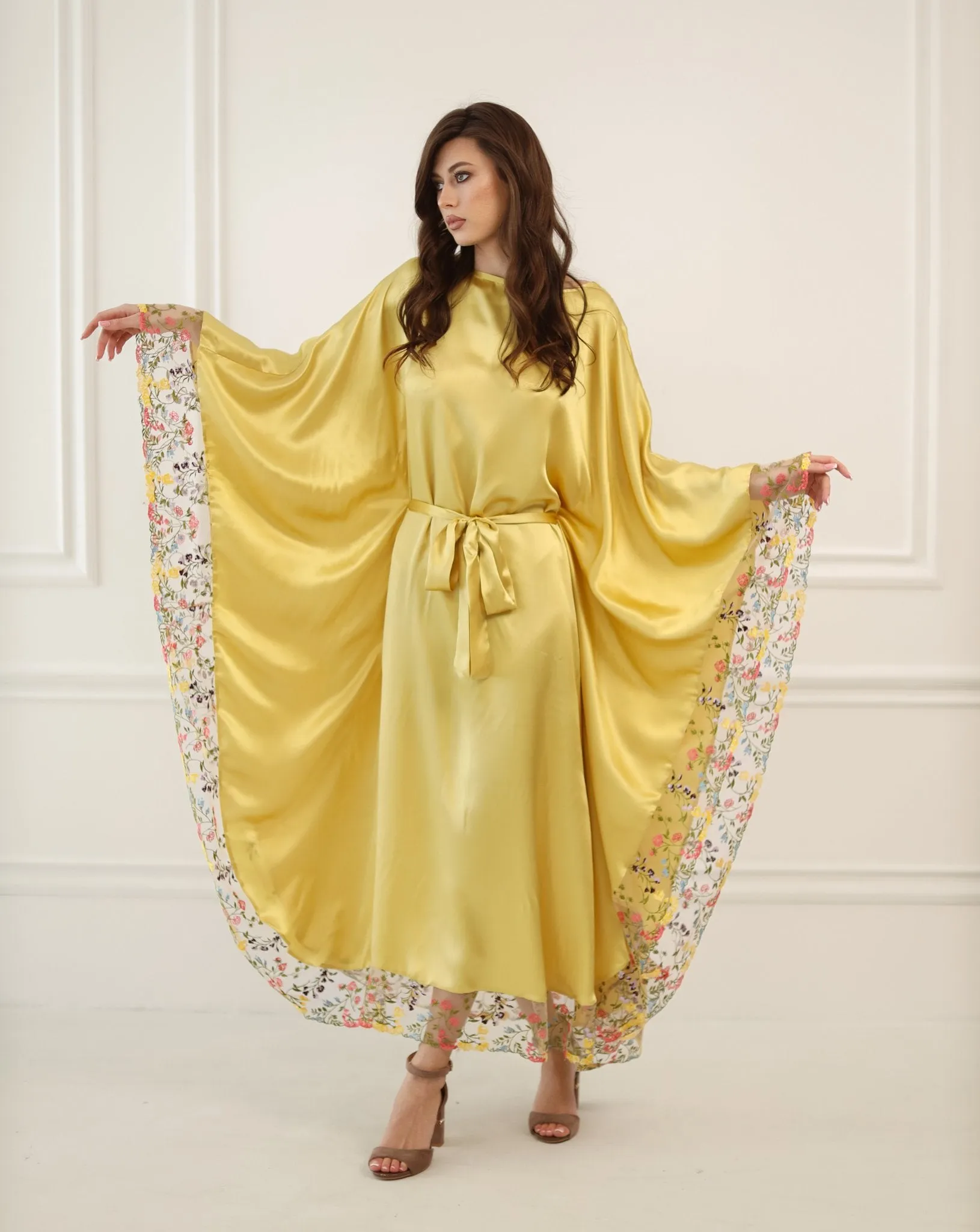 Gold Silk Kaftan with Floral Lace