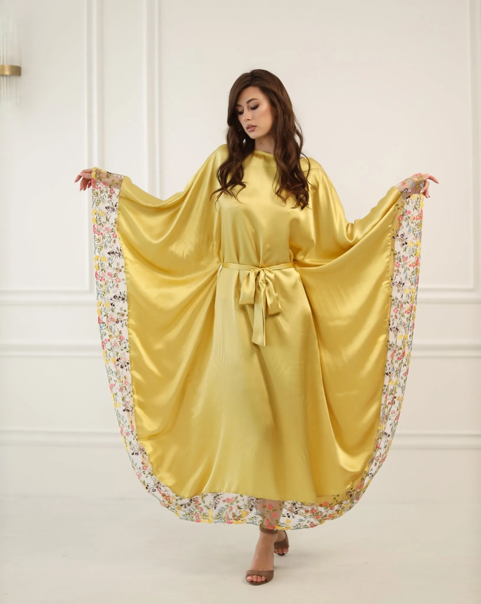 Gold Silk Kaftan with Floral Lace