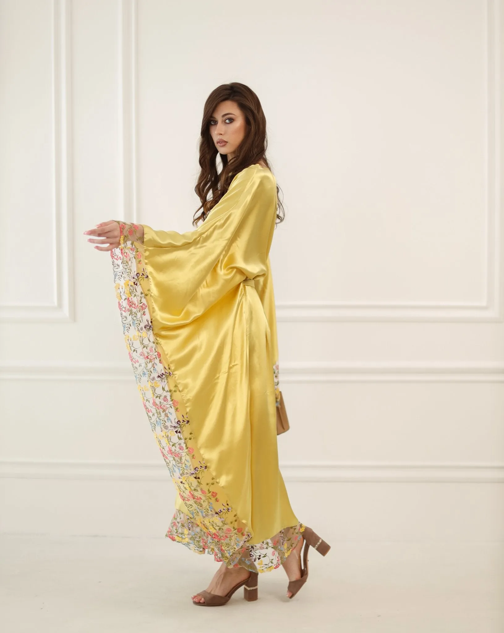 Gold Silk Kaftan with Floral Lace