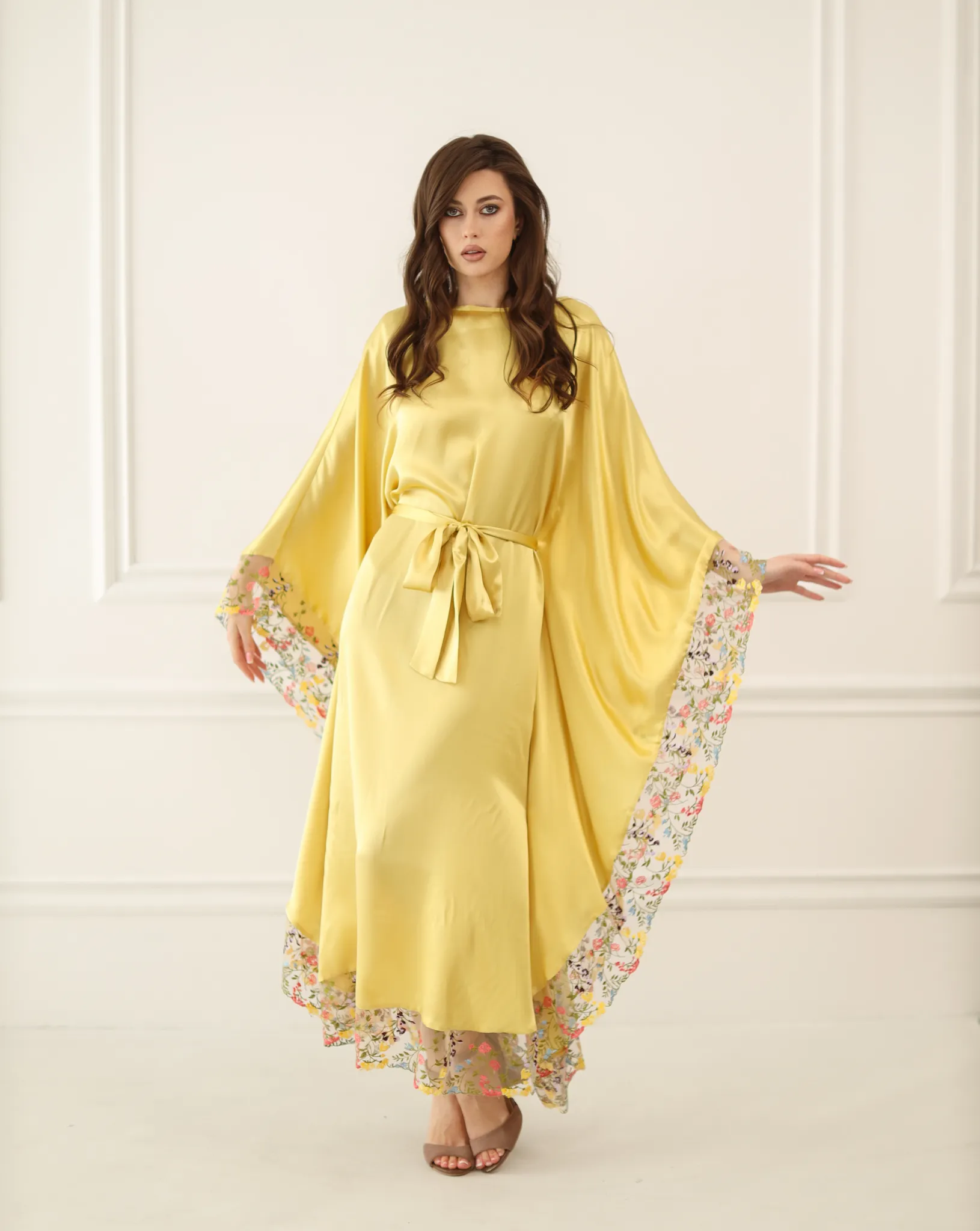 Gold Silk Kaftan with Floral Lace