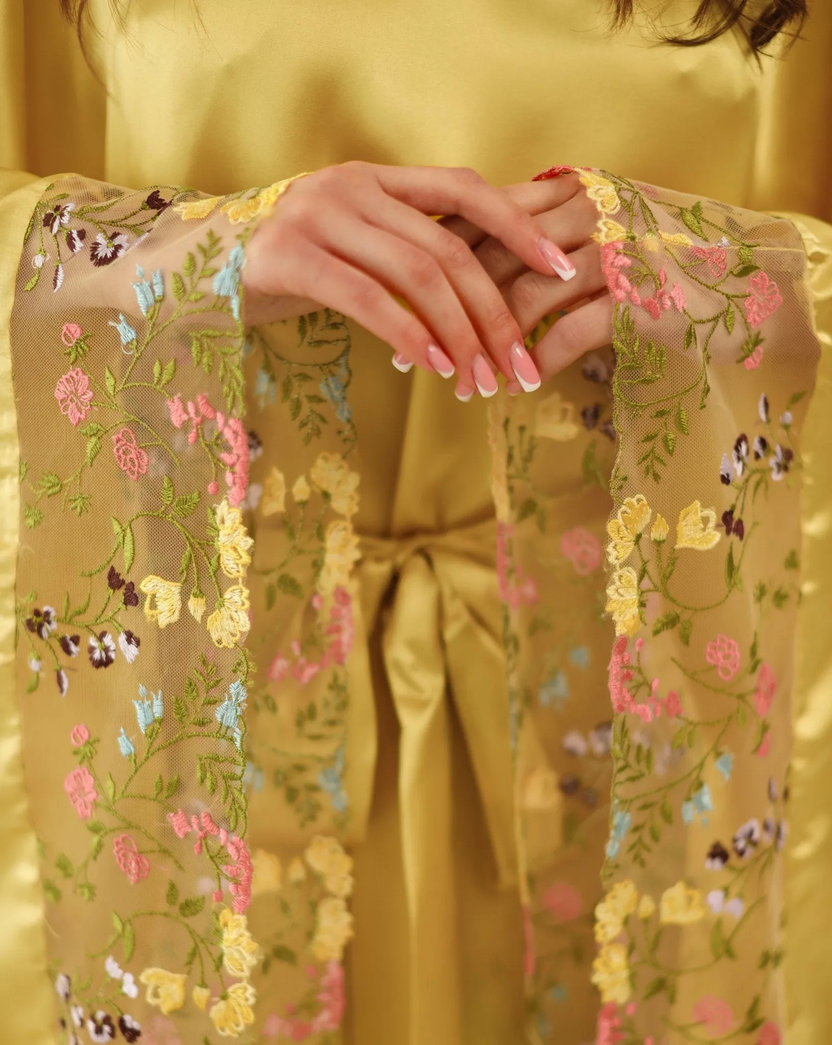 Gold Silk Kaftan with Floral Lace
