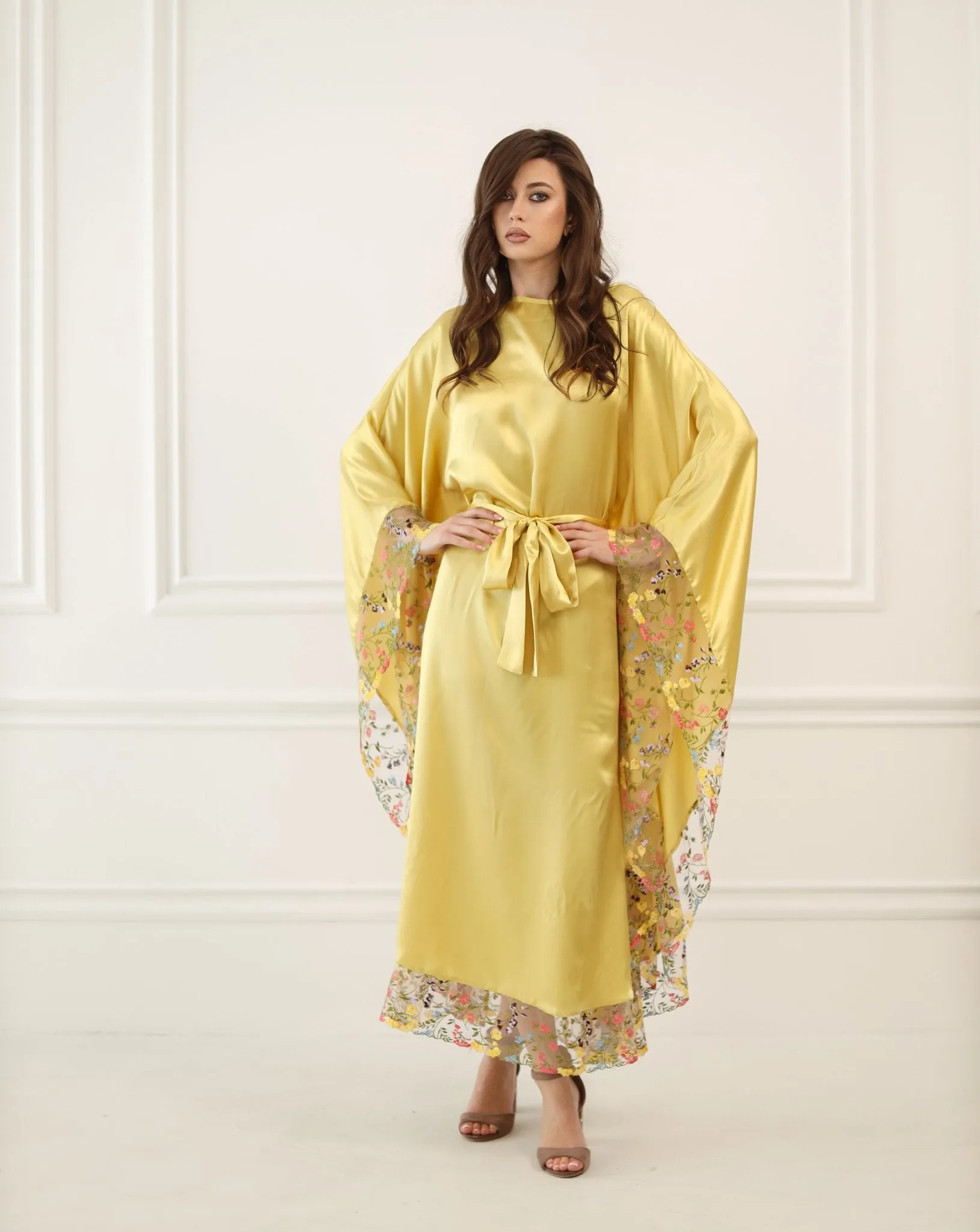 Gold Silk Kaftan with Floral Lace