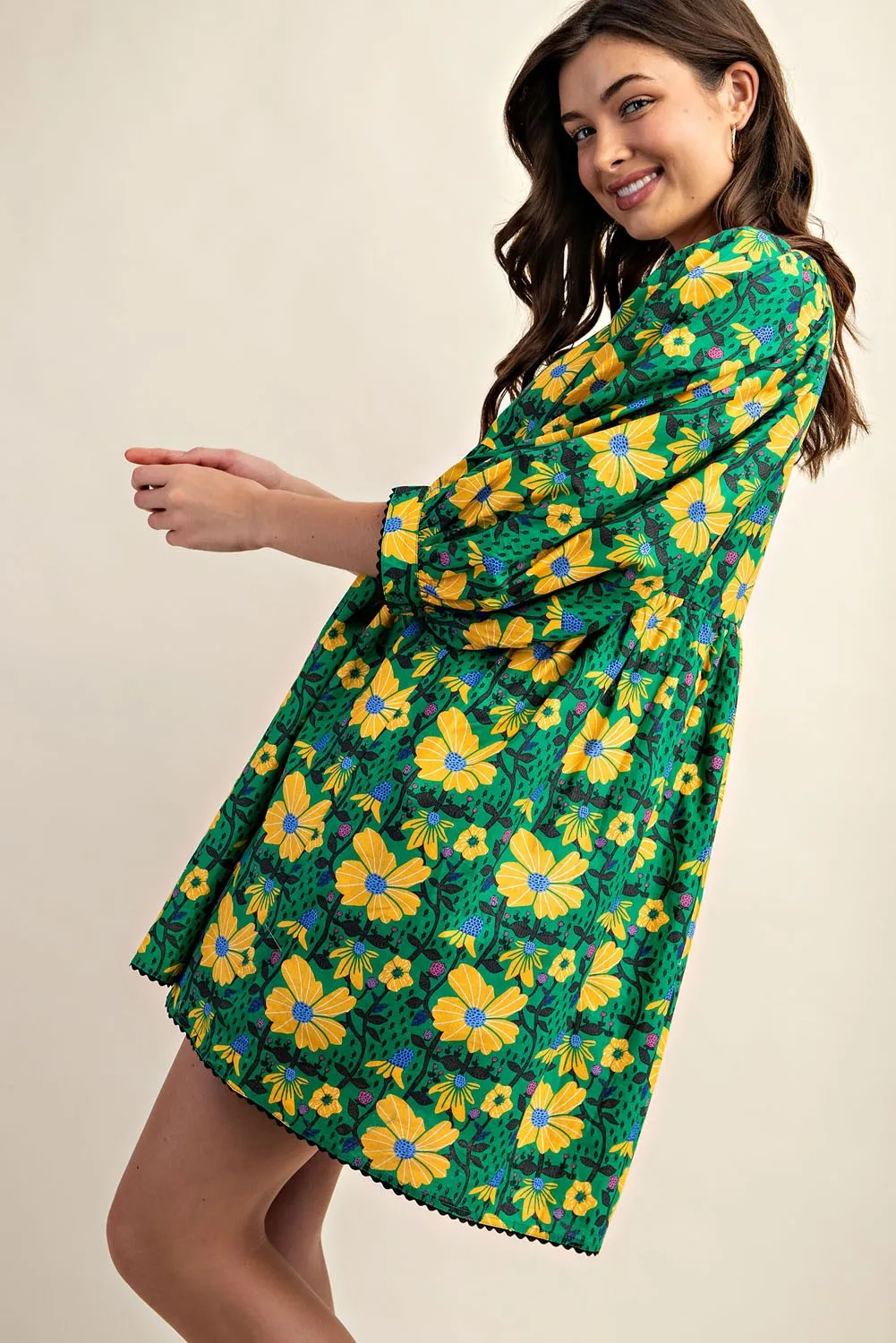 Green and Yellow Floral Mini Dress