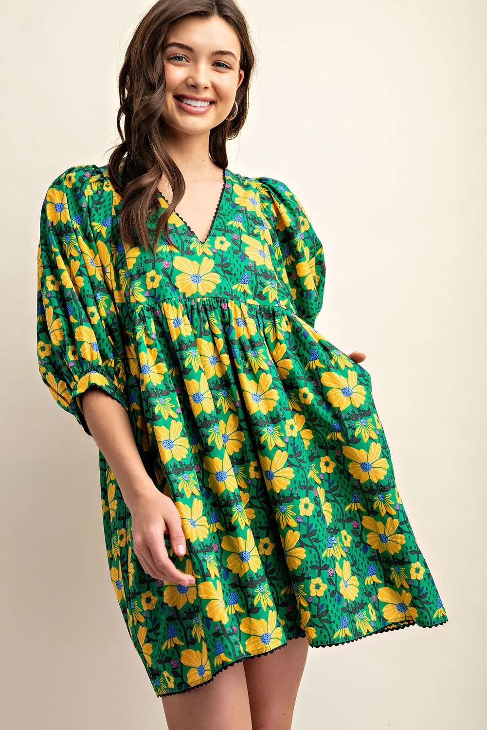 Green and Yellow Floral Mini Dress