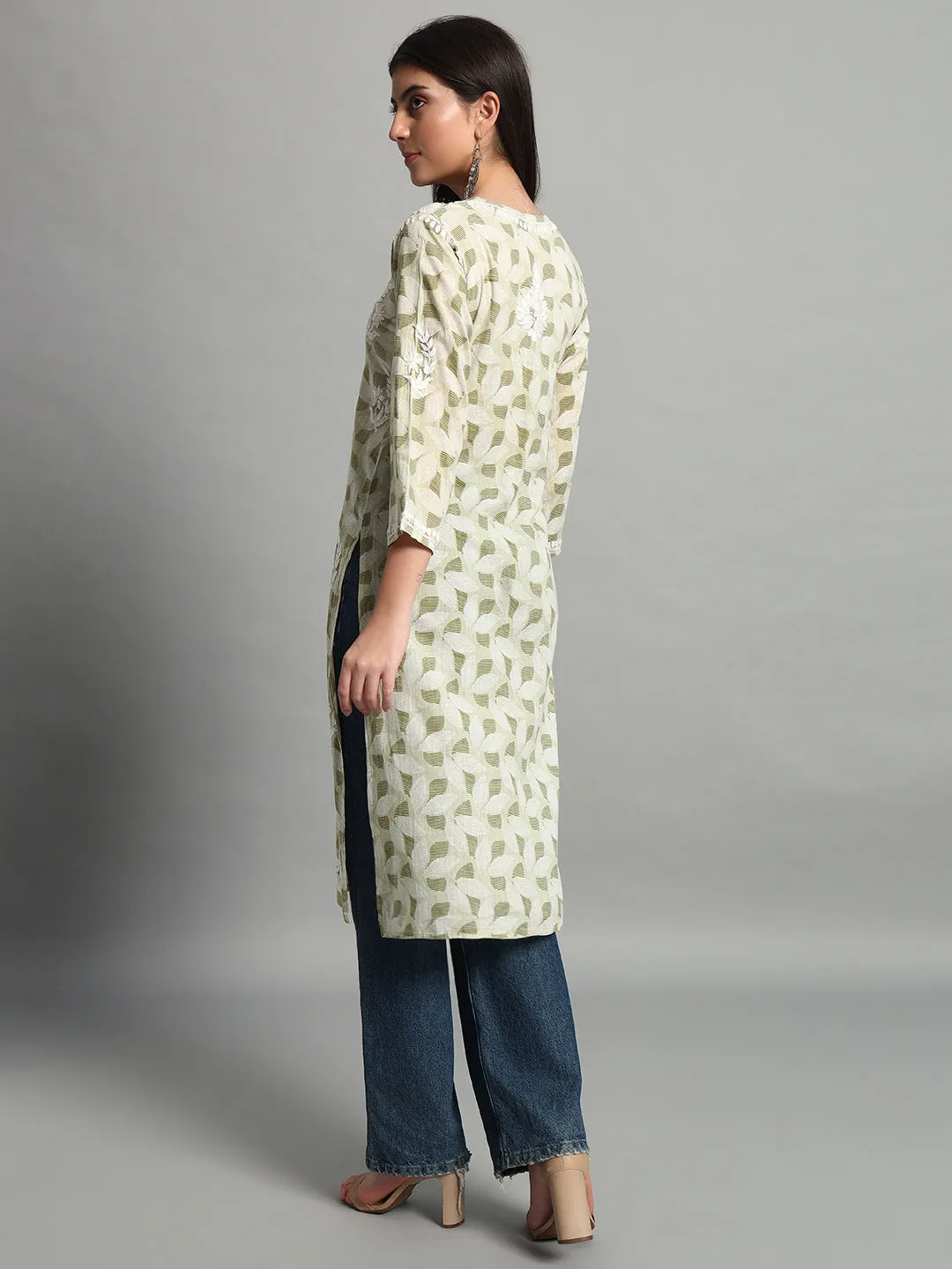 Handikraft Chikankari Kurta for Women Cotton Printed & Embroidered Straight Kurti Olive