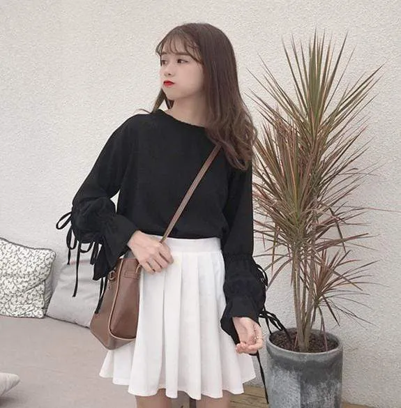 Kawaii Drawstring Puff Sleeved Chiffon Shirt