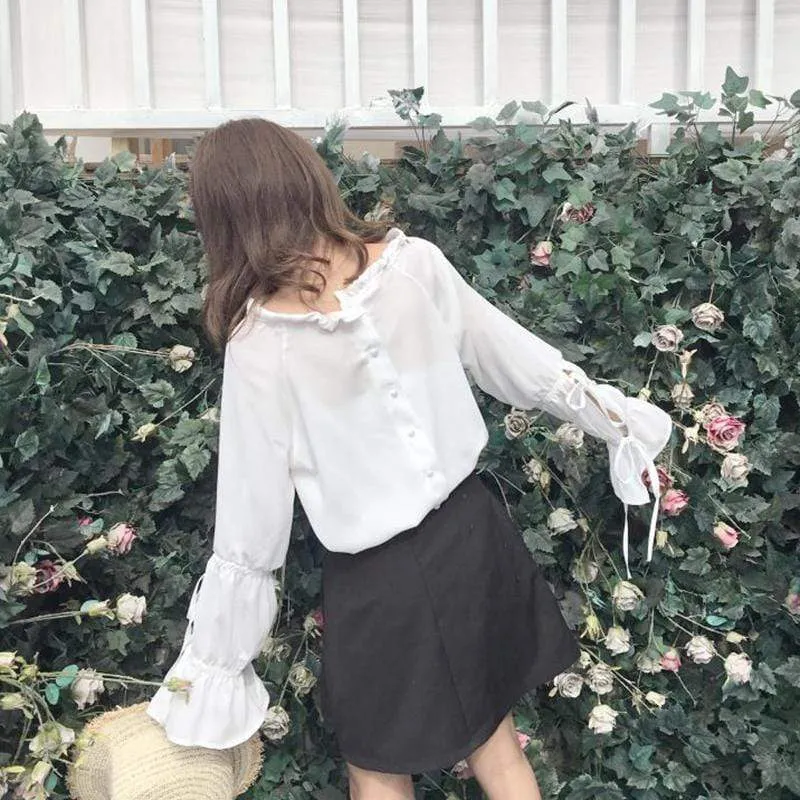 Kawaii Drawstring Puff Sleeved Chiffon Shirt
