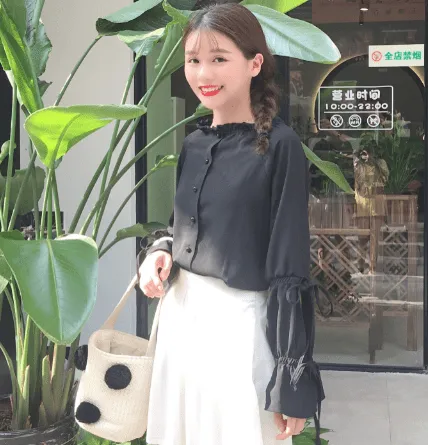 Kawaii Drawstring Puff Sleeved Chiffon Shirt