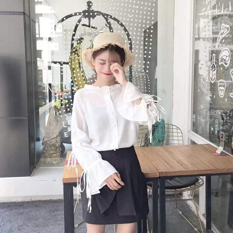 Kawaii Drawstring Puff Sleeved Chiffon Shirt