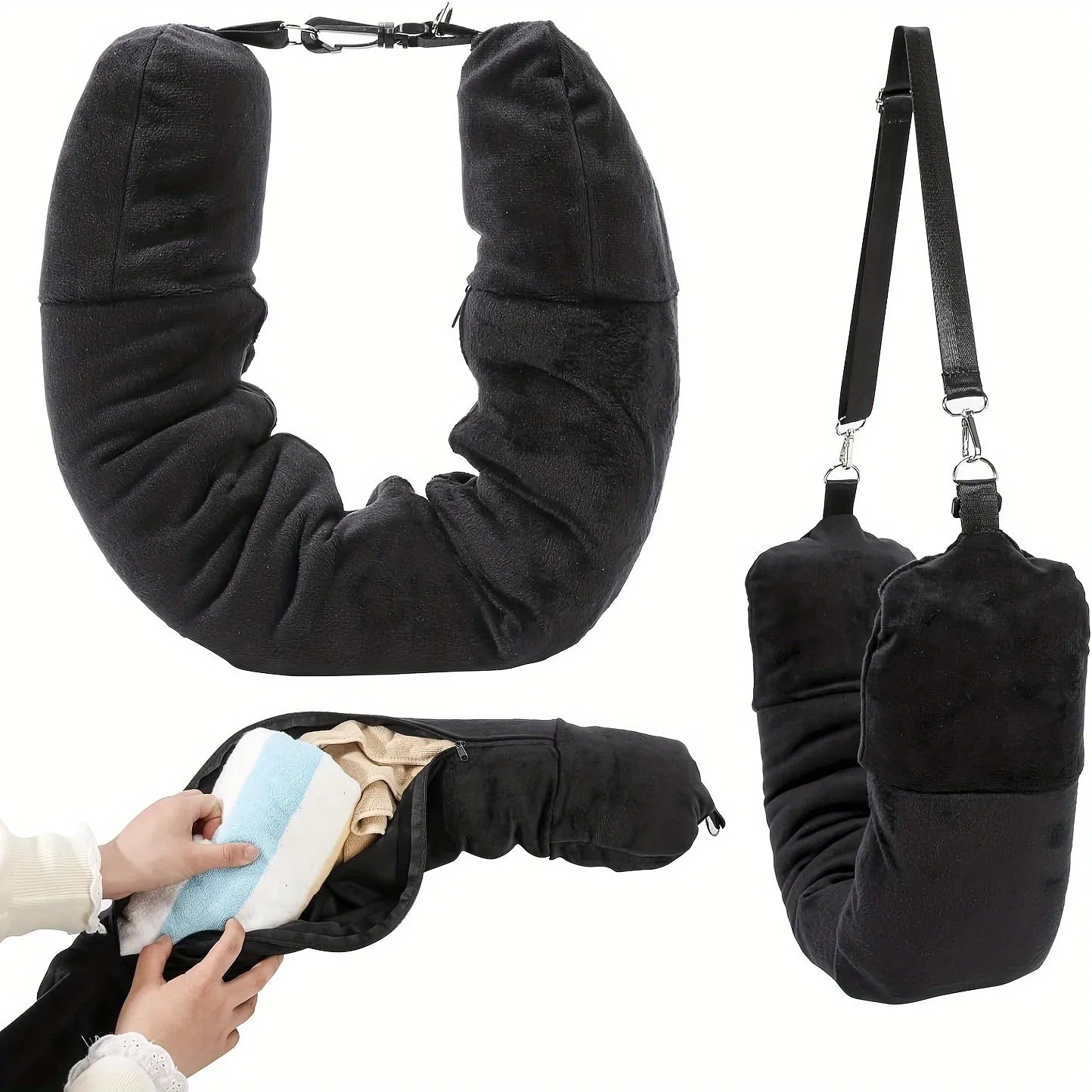 Lightweight Soft U-Shaped Travel Pillow with Storage Pocket, Machine Washable, Adjustable Firmness Whole Body Support, Woven Polyester Cover - Convenient for Traveling